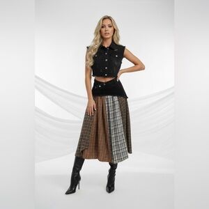 Micas Color Block Plaid Print Denim Patchwork Asymmetrical Skirt